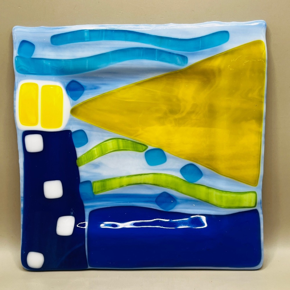 Handmade Fused Art Glass Lighthouse Square Plate Blue Yellow 7" Nautical Coastal
